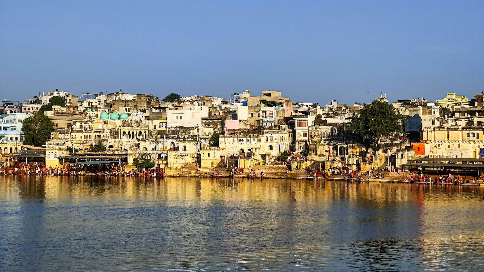 The ghats of the sacred Pushkar Lake at dusk